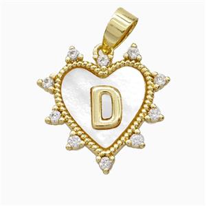 Copper Letter-D Heart Pendant Pave Zirconia Shell Gold Plated, approx 21mm