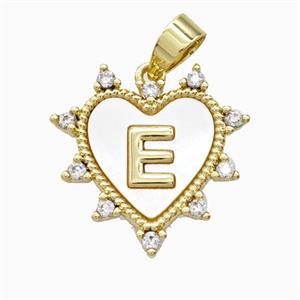 Copper Letter-E Heart Pendant Pave Zirconia Shell Gold Plated, approx 21mm
