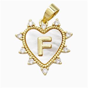Copper Letter-F Heart Pendant Pave Zirconia Shell Gold Plated, approx 21mm