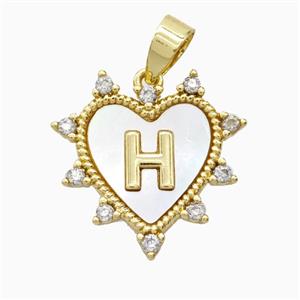 Copper Letter-H Heart Pendant Pave Zirconia Shell Gold Plated, approx 21mm