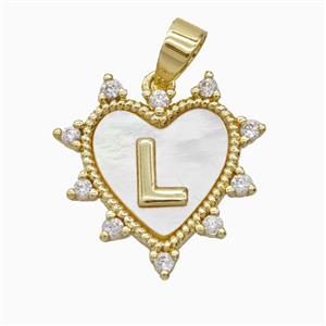 Copper Letter-L Heart Pendant Pave Zirconia Shell Gold Plated, approx 21mm