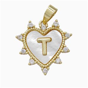 Copper Letter-T Heart Pendant Pave Zirconia Shell Gold Plated, approx 21mm