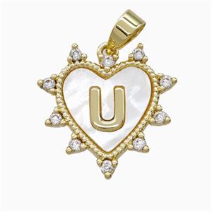 Copper Letter-U Heart Pendant Pave Zirconia Shell Gold Plated, approx 21mm