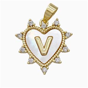 Copper Letter-V Heart Pendant Pave Zirconia Shell Gold Plated, approx 21mm