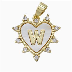Copper Letter-W Heart Pendant Pave Zirconia Shell Gold Plated, approx 21mm
