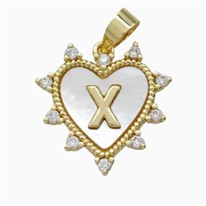 Copper Letter-X Heart Pendant Pave Zirconia Shell Gold Plated, approx 21mm
