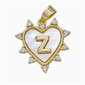 Copper Letter-Z Heart Pendant Pave Zirconia Shell Gold Plated, approx 21mm