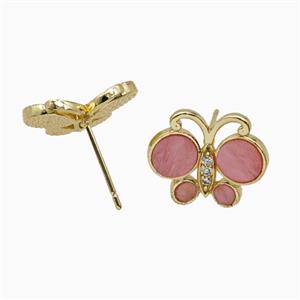Copper earring studs Pave Zircon, Butterfly, Gold Plated, approx 13-16mm