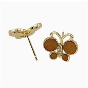 Copper earring studs Pave Zircon, Butterfly, Gold Plated, approx 13-16mm