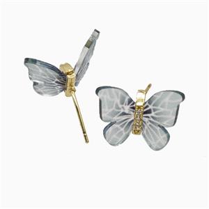 Copper earring studs Pave Zircon, Butterfly, Gold Plated, approx 15-18mm