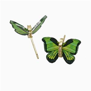 Copper earring studs Pave Zircon, Butterfly, Gold Plated, approx 15-18mm
