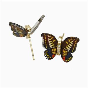 Copper earring studs Pave Zircon, Butterfly, Gold Plated, approx 15-18mm