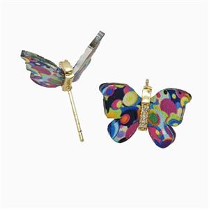 Copper earring studs Pave Zircon, Butterfly, Gold Plated, approx 15-18mm