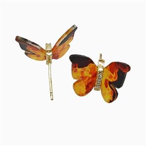 Copper earring studs Pave Zircon, Butterfly, Gold Plated, approx 15-18mm