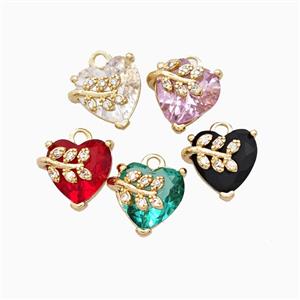 Copper Heart Pendant Pave Crystal Glass Leaf Gold Plated Mixed, approx 10mm