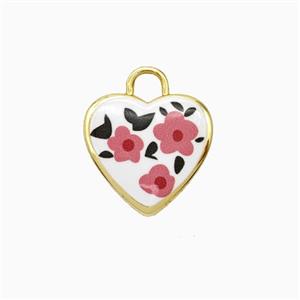 Copper Heart Pendant Painted Flower Gold Plated, approx 16mm