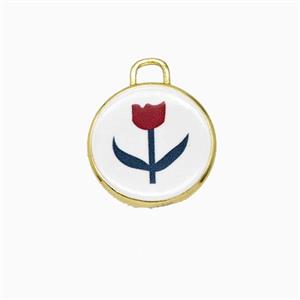 Copper Circle Pendant Painted Flower Gold Plated, approx 17mm