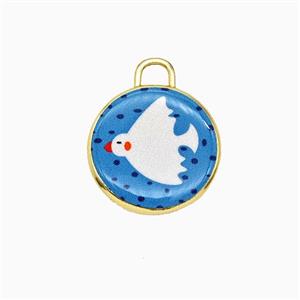 Copper Circle Pendant Painted Birds Gold Plated, approx 17mm