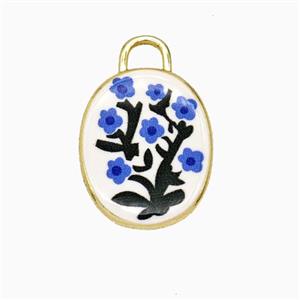 Copper Oval Pendant Painted Flower Gold Plated, approx 13.5-17mm