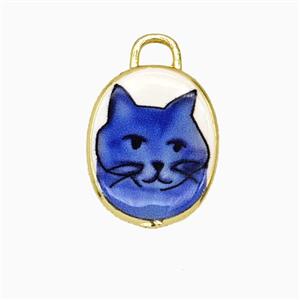 Copper Oval Pendant Painted Cat Gold Plated, approx 13.5-17mm