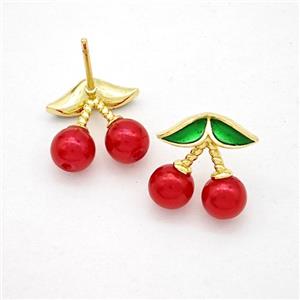Copper Cherry Stud Earrings Pave Red Pearlized Resin Gold Plated, approx 13mm