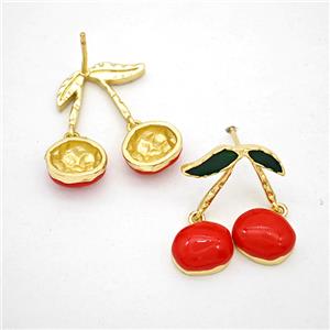 Copper Cherry Stud Earrings Red Enamel Gold Plated, approx 15-20mm