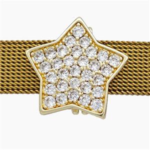 Copper Watchband Beads Pave Zirconia Star Flat Hole Gold Plated, approx 18mm, 2-10mm hole