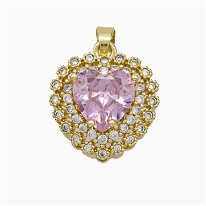 Copper Heart Pendant Micropave Zirconia Pink Crystal Glass Gold Plated, approx 14mm