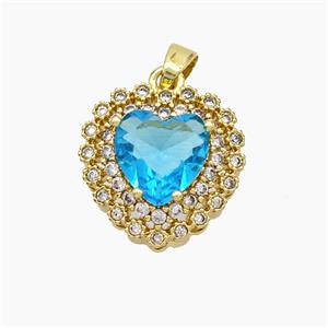 Copper Heart Pendant Micropave Zirconia Blue Crystal Glass Gold Plated, approx 14mm