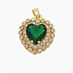 Copper Heart Pendant Micropave Zirconia Green Crystal Glass Gold Plated, approx 14mm