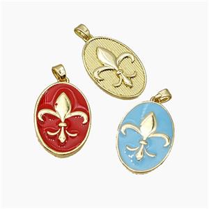 Copper Oval Pendant Fleur De Lis Enamel Gold Plated Mixed, approx 16-24mm