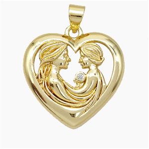 Copper Couple Pendant Pave Zirconia Heart Gold Plated, approx 22mm