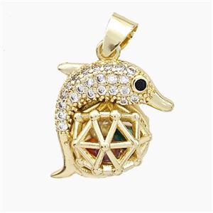 Copper Dolphin Pendant Pave Zirconia Hollow Gold Plated, approx 18-20mm