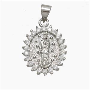 Virgin Mary Charms Copper Pendant Pave Zirconia Platinum Plated, approx 15-17mm
