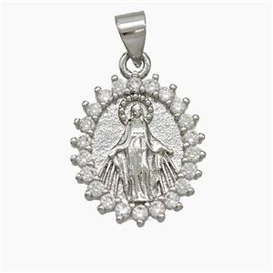 Virgin Mary Charms Copper Pendant Pave Zirconia Platinum Plated, approx 15-17mm