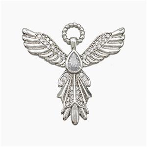 Copper Angel Wing Pendant Pave Zirconia Teardrop Platinum Plated, approx 30mm