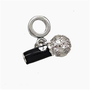 Copper Microphone Pendant Pave Zirconia Black Enamel Platinum Plated, approx 7-15mm, 7mm dia