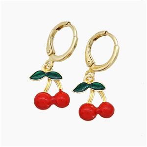 Copper Cherry Hoop Earrings Red Enamel Gold Plated, approx 10-12mm, 11mm dia