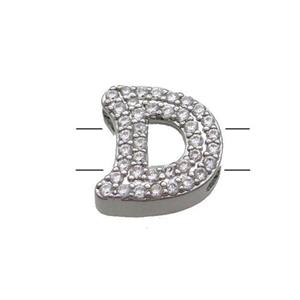 Copper Letter-D Beads Pave Zirconia 2holes Platinum Plated, approx 10-13mm