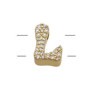 Copper Letter-L Beads Pave Zirconia 2holes Gold Plated, approx 10-13mm