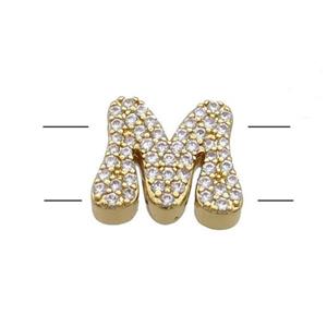 Copper Letter-M Beads Pave Zirconia 2holes Gold Plated, approx 10-13mm