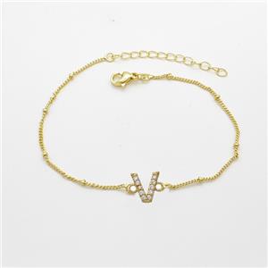 Copper Bracelet With Letter-V Pave Zirconia Gold Plated, approx 6-9mm, 19-24cm length