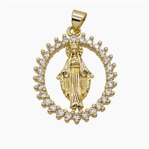 Copper Virgin Mary Pendant Pave Zirconia 18K Gold Plated, approx 21-24mm