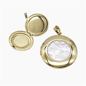 Copper Circle Locket Pendant Pave Shell 18K Gold Plated, approx 32mm
