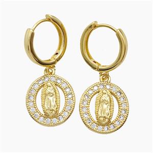 Copper Jesus Hoop Earrings Pave Zirconia 18K Gold Plated, approx 15mm, 15mm dia