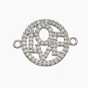 Copper LOVE Connector Micropave Zirconia Platinum Plated, approx 17mm