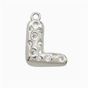 Copper Letter-L Pendant Pave Zirconia Platinum Plated, approx 15-18mm