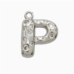 Copper Letter-P Pendant Pave Zirconia Platinum Plated, approx 15-18mm