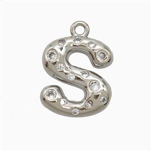 Copper Letter-S Pendant Pave Zirconia Platinum Plated, approx 15-18mm
