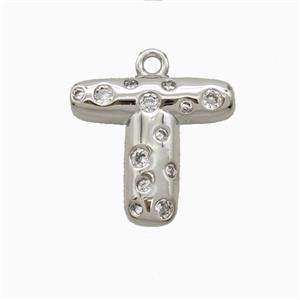 Copper Letter-T Pendant Pave Zirconia Platinum Plated, approx 15-18mm